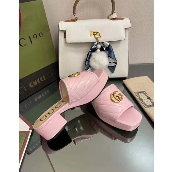 Gucci Women Double G Slide Sandal Rose Pink Chevron Matelassé Leather Mid-Heel (5)