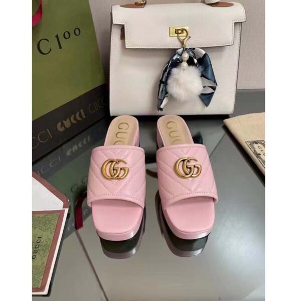 Gucci Women Double G Slide Sandal Rose Pink Chevron Matelassé Leather Mid-Heel (6)