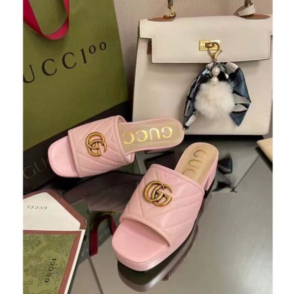 Gucci Women Double G Slide Sandal Rose Pink Chevron Matelassé Leather Mid-Heel (8)