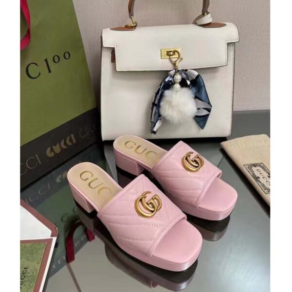 Gucci Women Double G Slide Sandal Rose Pink Chevron Matelassé Leather Mid-Heel (9)