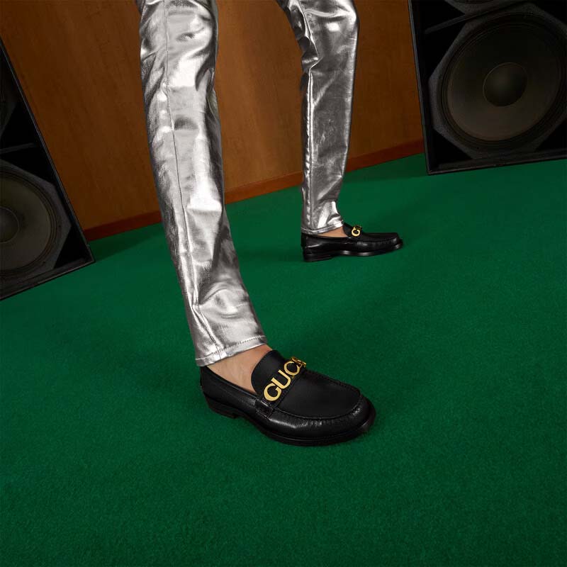 Gucci Women GG Leather Loafer Black Metal Logo Metallic