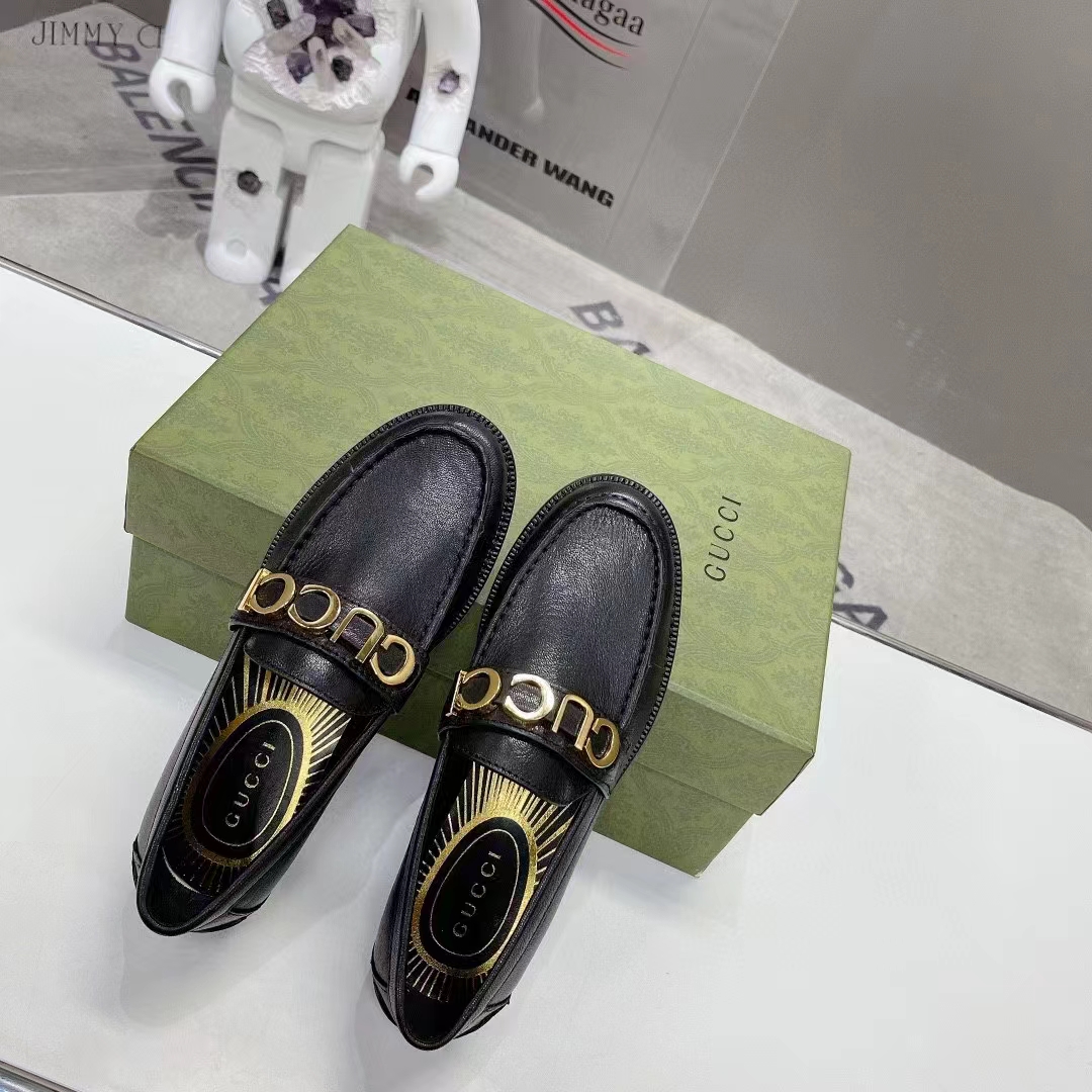 Gucci Women GG Leather Loafer Black Metal Logo Metallic
