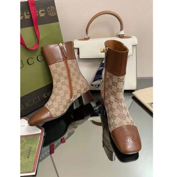 Gucci Women’s GG Canvas Ankle Boot Beige Ebony Canvas Leather Low 4 Cm Heel (6)