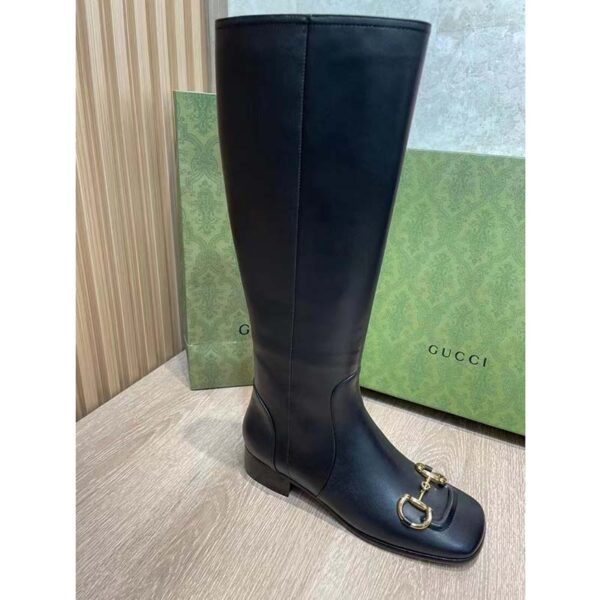 Gucci Women’s GG Knee-High Boot Horsebit Black Rubber Sole Low 4 Cm Heel (12)