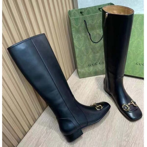 Gucci Women’s GG Knee-High Boot Horsebit Black Rubber Sole Low 4 Cm Heel (6)
