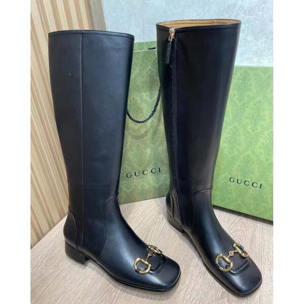 Gucci Women’s GG Knee-High Boot Horsebit Black Rubber Sole Low 4 Cm Heel (7)