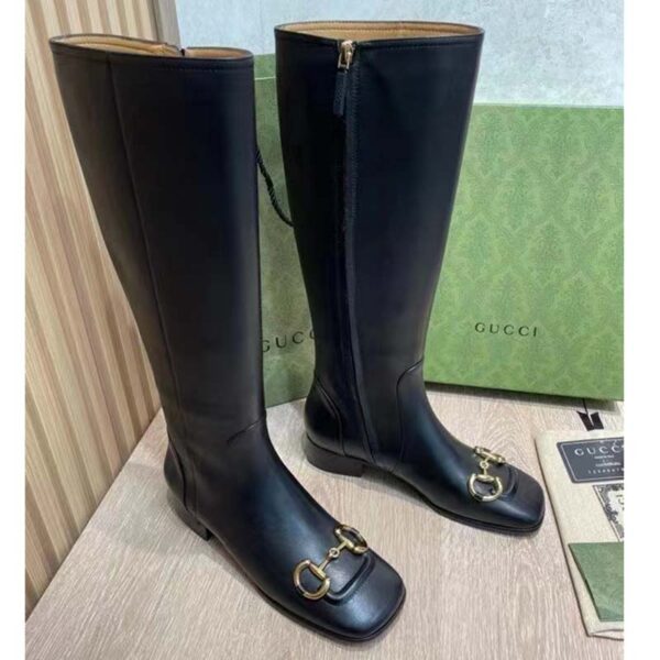 Gucci Women’s GG Knee-High Boot Horsebit Black Rubber Sole Low 4 Cm Heel (9)