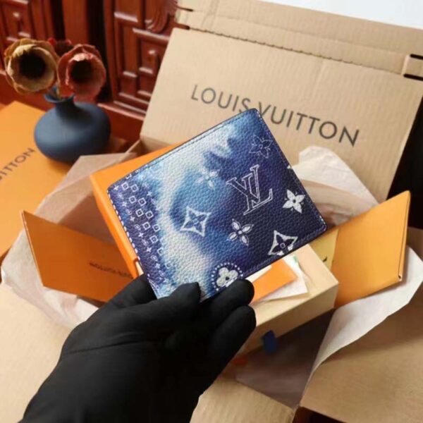 Louis Vuitton LV Unisex Slender Wallet Blue Cowhide Leather Textile Lining (13)