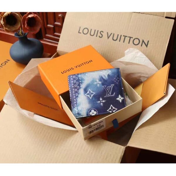 Louis Vuitton LV Unisex Slender Wallet Blue Cowhide Leather Textile Lining (15)