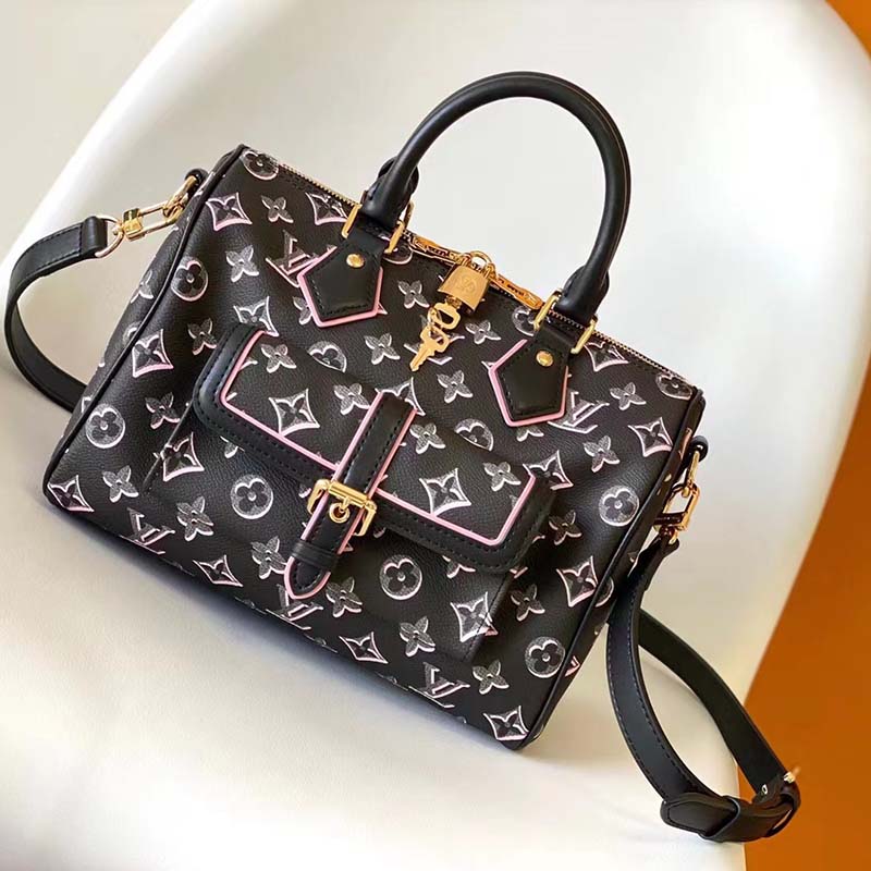AAA Quality Louis Vuitton Speedy Bandouliere 25 Handbag Embossed Grained Cowhide  Leather Black M58273