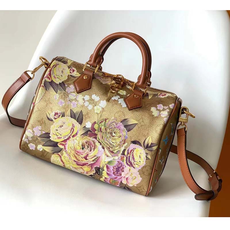 Louis Vuitton Speedy Bandouliere 25 Floral Pattern Gold