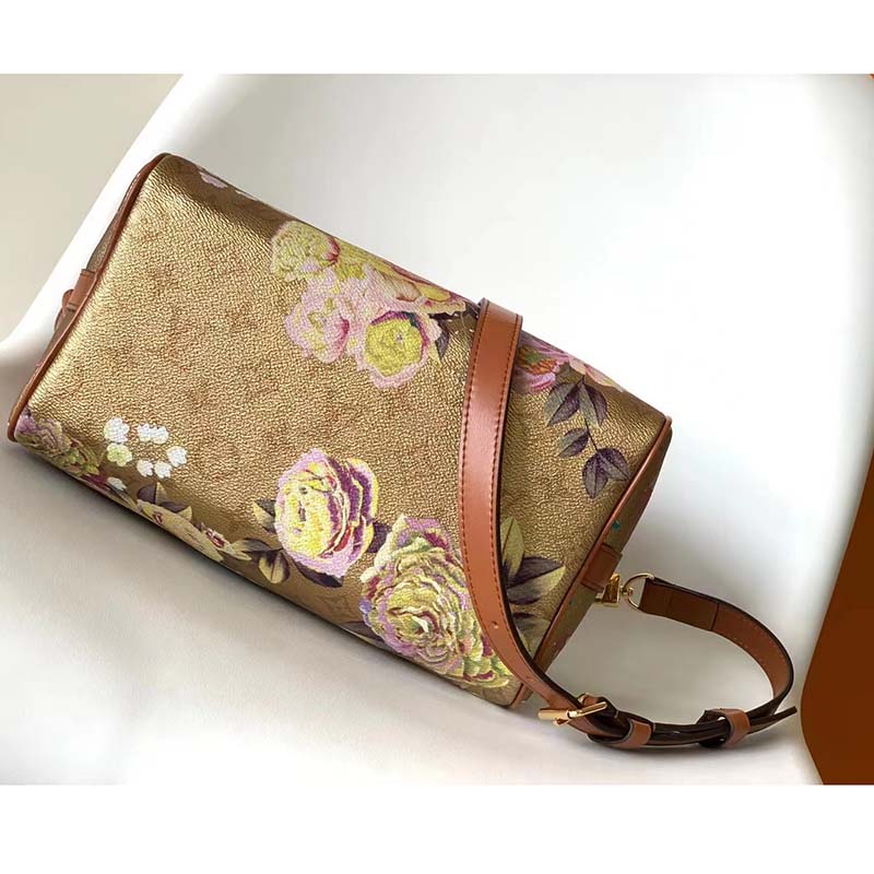 Louis Vuitton Speedy Bandouliere 25 Floral Pattern Gold in Coated