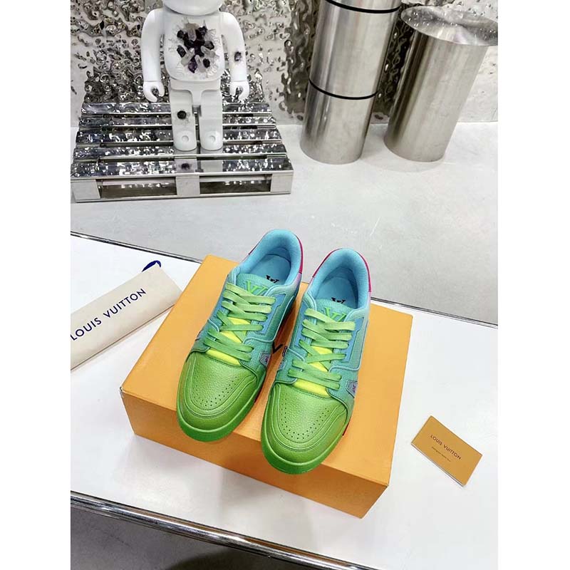 Louis Vuitton Unisex LV Trainer Sneaker Green Grained Calf Leather Rubber Monogram Flowers
