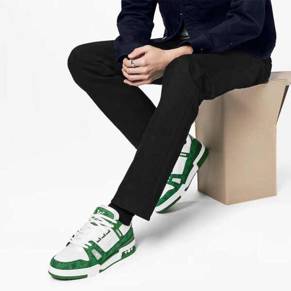 Louis Vuitton Unisex LV Trainer Sneaker Green Monogram Denim Embossed Grained Calf Leather (3)
