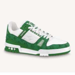 Louis Vuitton Unisex LV Trainer Sneaker Green Monogram Denim Embossed Grained Calf Leather