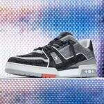 Louis Vuitton Unisex Trainer Sneaker Black Strass Rubber Outsole LV Initials Monogram Flowers – Image 2