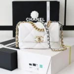 Chanel Women CC 19 Flap Bag Calfskin Gold Silver-Tone Metal White