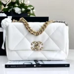 Chanel Women CC 19 Flap Bag Calfskin Gold Silver-Tone Metal White