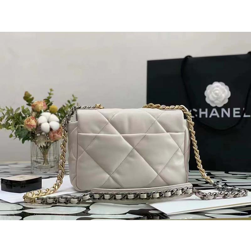 Chanel Women CC 19 Flap Bag Calfskin Gold Silver-Tone Metal White