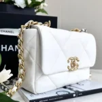 Chanel Women CC 19 Flap Bag Calfskin Gold Silver-Tone Metal White
