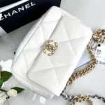 Chanel Women CC 19 Flap Bag Calfskin Gold Silver-Tone Metal White