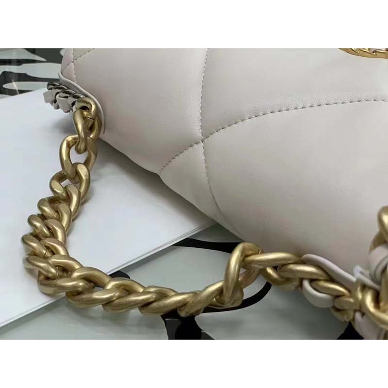 Chanel Women CC 19 Flap Bag Calfskin Gold Silver-Tone Metal White (7)