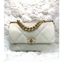 Chanel Women CC 19 Flap Bag Calfskin Gold Silver-Tone Metal White (9)