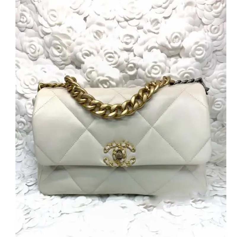 Chanel Women CC 19 Flap Bag Calfskin Gold Silver-Tone Metal White