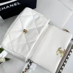 Chanel Women CC 19 Flap Bag Calfskin Gold Silver-Tone Metal White