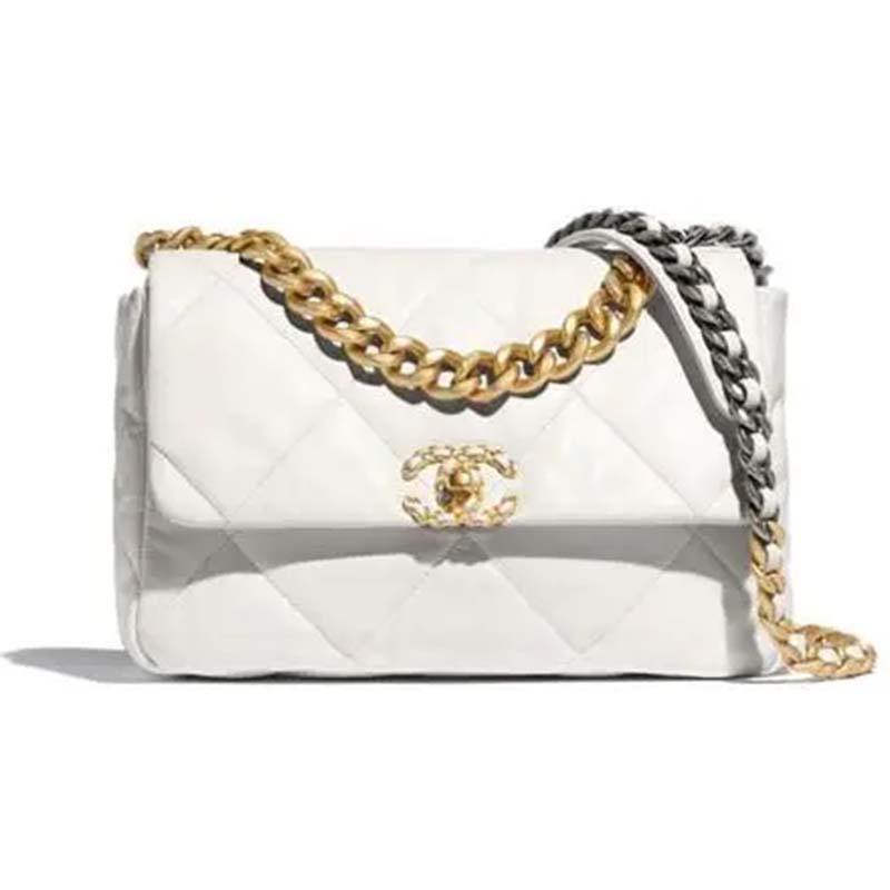 Chanel Women CC 19 Flap Bag Calfskin Gold Silver-Tone Metal White - LULUX