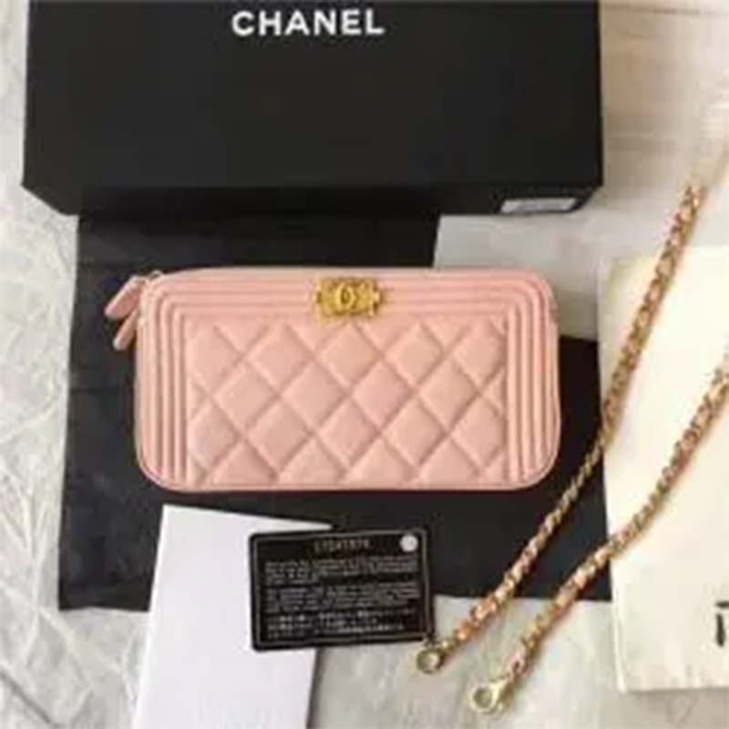 Chanel Women Chanel Pink Long Zipped Wallet Calfskin Leather (1)