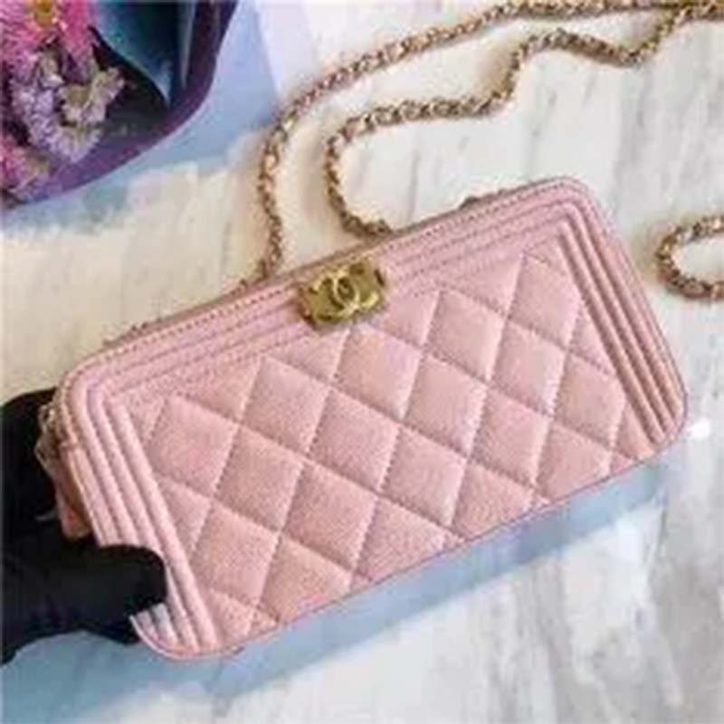 Chanel Women Chanel Pink Long Zipped Wallet Calfskin Leather (9)