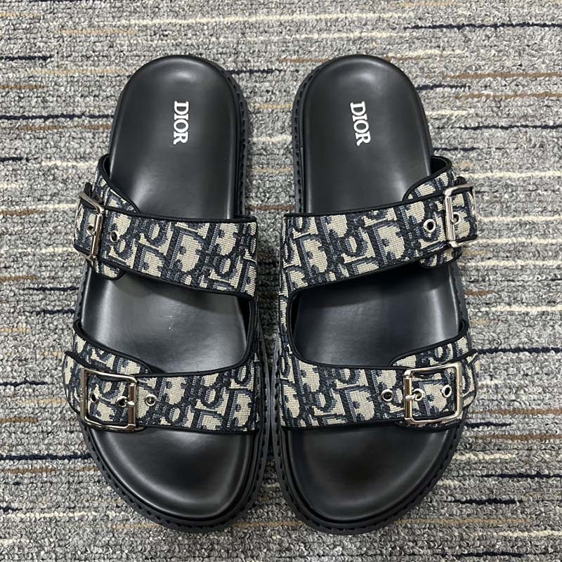 Dior Unisex CD Shoes Aqua Sandal Beige Black Dior Oblique Jacquard Black Calfskin