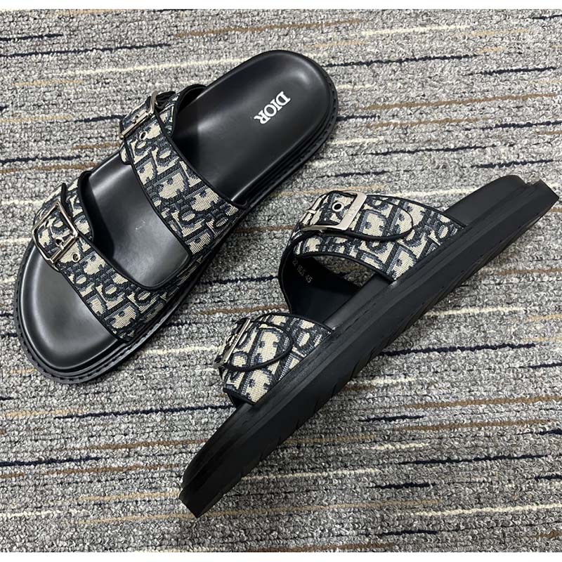 Dior Unisex CD Shoes Aqua Sandal Beige Black Dior Oblique Jacquard Black Calfskin
