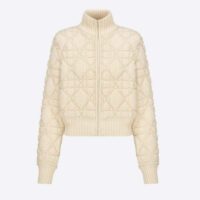 Dior Women CD Macrocannage Zipped Cardigan White Technical Wool Cashmere Knit