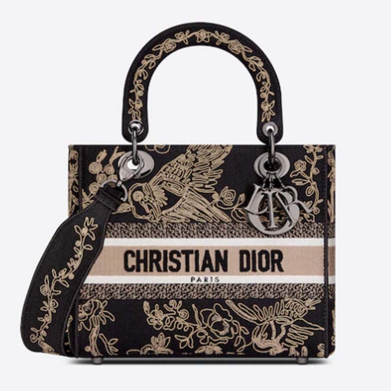 Dior Women CD Medium Lady D-Lite Bag Black Cornely-Effect Jardin D'Hiver Embroidery