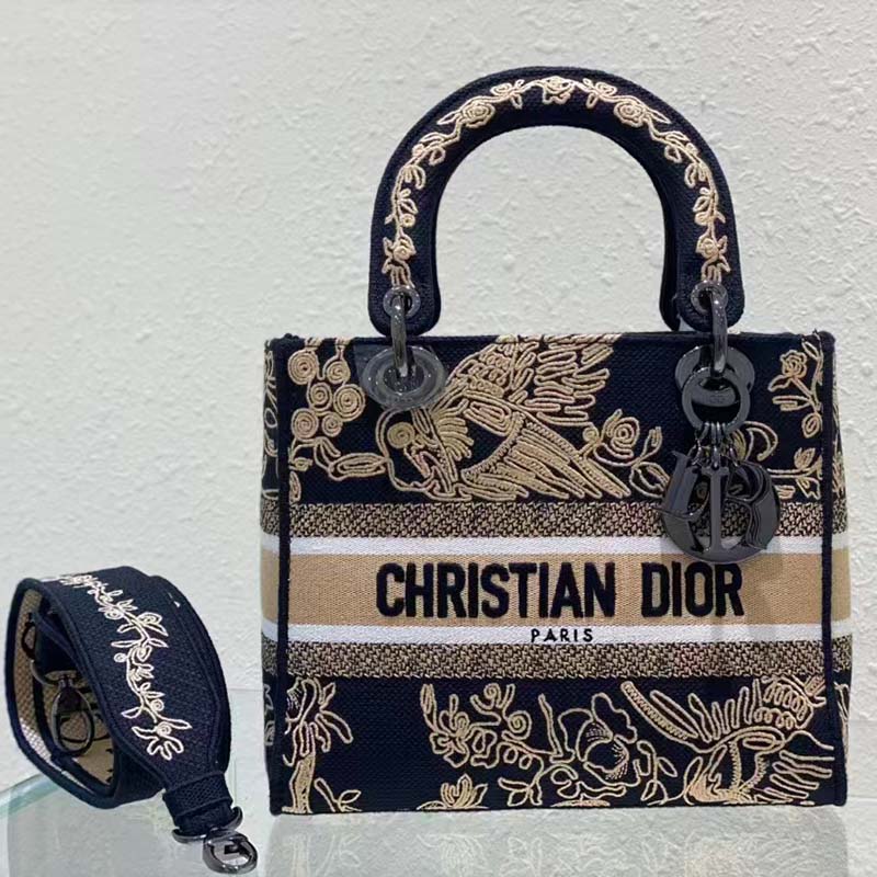 Dior Women CD Medium Lady D-Lite Bag Black Cornely-Effect Jardin D’Hiver Embroidery