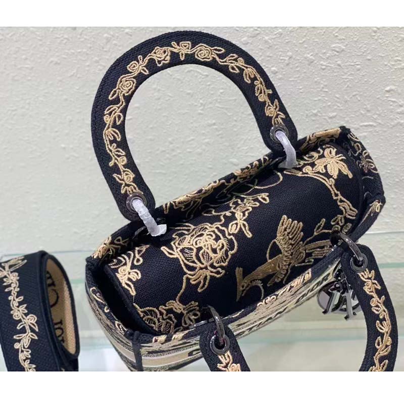 Dior Women CD Medium Lady D-Lite Bag Black Cornely-Effect Jardin D’Hiver Embroidery