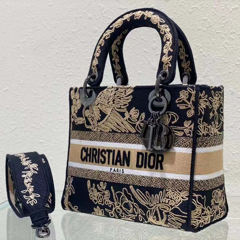 Dior Women CD Medium Lady D-Lite Bag Black Cornely-Effect Jardin D’Hiver Embroidery