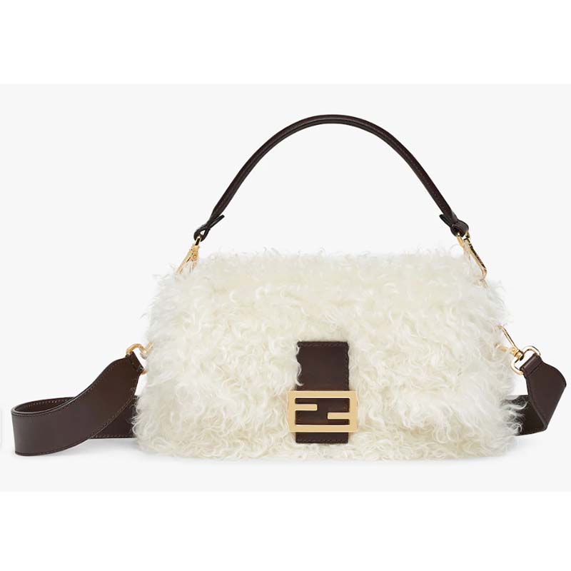 Fendi Women FF Baguette Brooch White Mohair Wool Bag