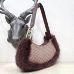 Fendi Women FF O’Lock Swing Brown Houndstooth Wool Fox Fur Pouch - Bild 4