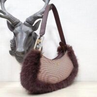 Fendi Women FF O’Lock Swing Brown Houndstooth Wool Fox Fur Pouch (4)