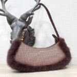 Fendi Women FF O’Lock Swing Brown Houndstooth Wool Fox Fur Pouch - Bild 5