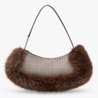 Fendi Women FF O’Lock Swing Brown Houndstooth Wool Fox Fur Pouch (4)