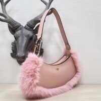 Fendi Women FF O’Lock Swing Pale Pink Leather Fox Fur Pouch (9)