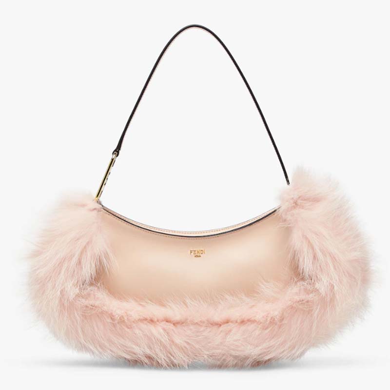 Fendi Women FF O’Lock Swing Pale Pink Leather Fox Fur Pouch