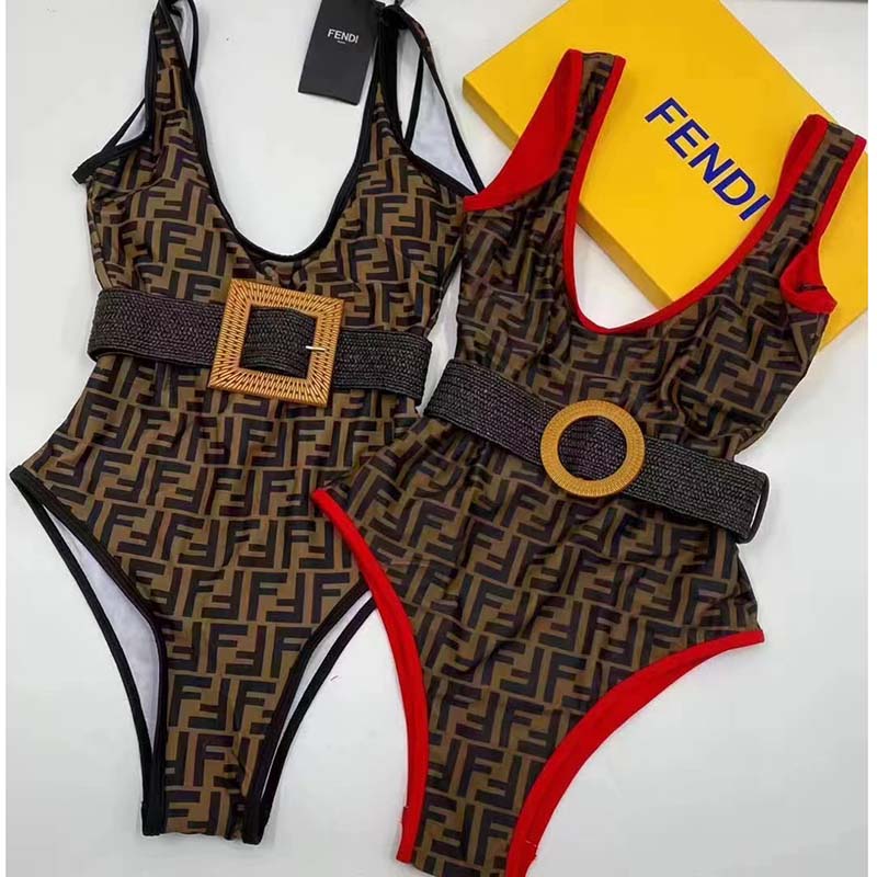 Fendi Women FF Swimsuit Brown Red Lycra Swimsuit (2)