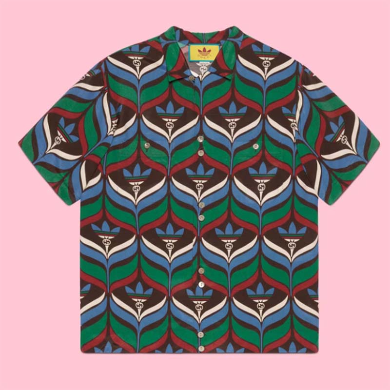 Gucci GG Men Adidas x Gucci Trefoil Print Bowling Shirt Straight Hem Side Vents Viscose