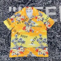 Gucci GG Men Printed Cotton Bowling Shirt Yellow Red Poplin Short Sleeves (4)