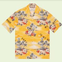 Gucci GG Men Printed Cotton Bowling Shirt Yellow Red Poplin Short Sleeves (4)